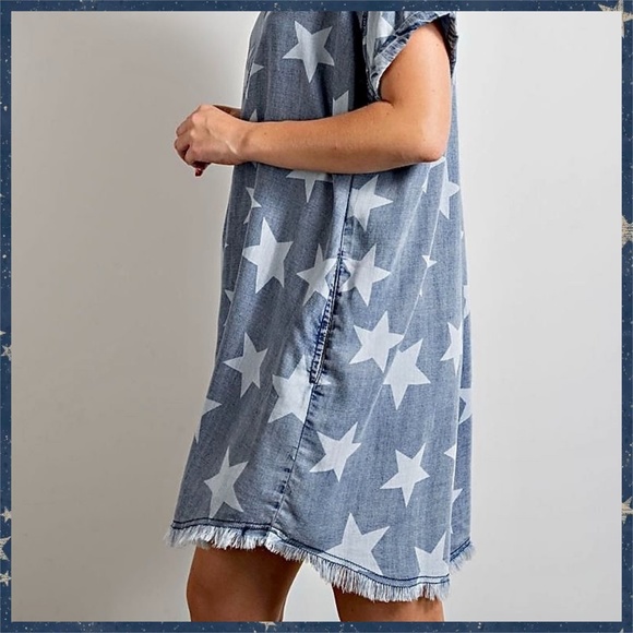EASEL "Twinkle Star" Lightweight Cotton Denim Shirt Dress Button Up W/ Raw Seams - Picture 10 of 16